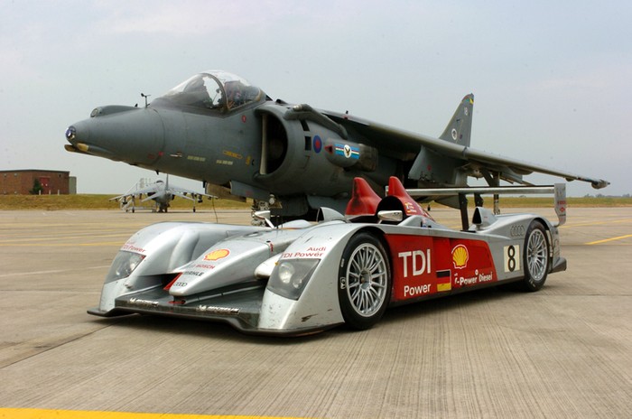 Audi diesel race car hangs with Harrier in race