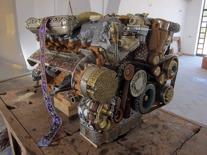 Artist constructs Mercedes-Benz V12 from wood, bone and fossils