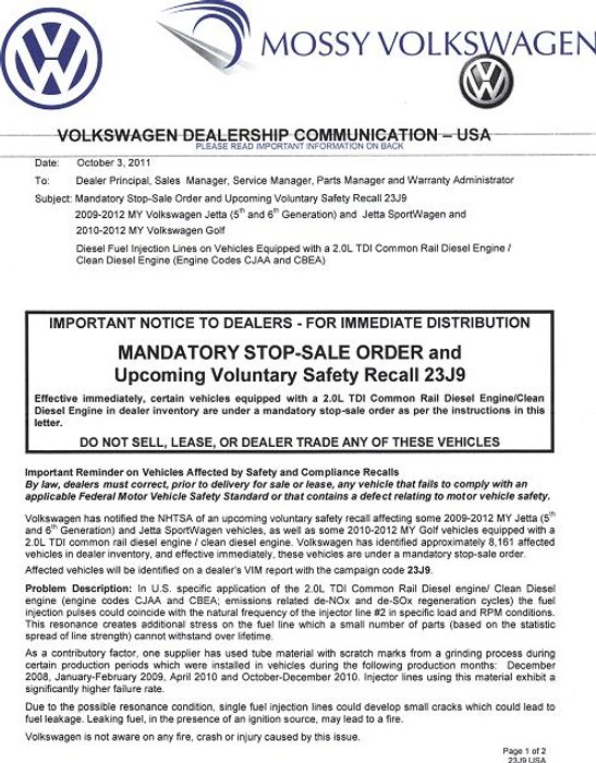 VW issues Jetta, Golf TDI stop-sale