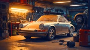 Illustration of a Porsche 911 detained in a garage due to a prolonged legal dispute.