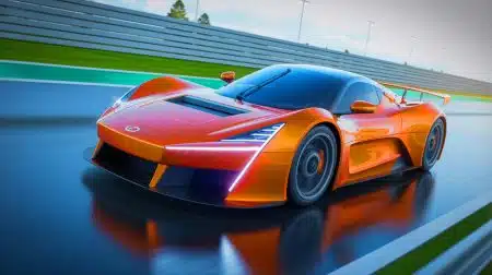 Illustration of the Yangwang U9 Xtreme electric hypercar achieving a top speed of 308.4 mph on a German test track.
