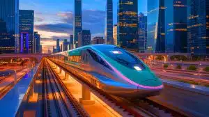 Illustration of Maglev Trains Floating Above Tracks at High Speeds.