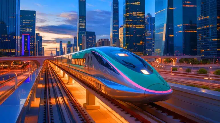 Illustration of Maglev Trains Floating Above Tracks at High Speeds.