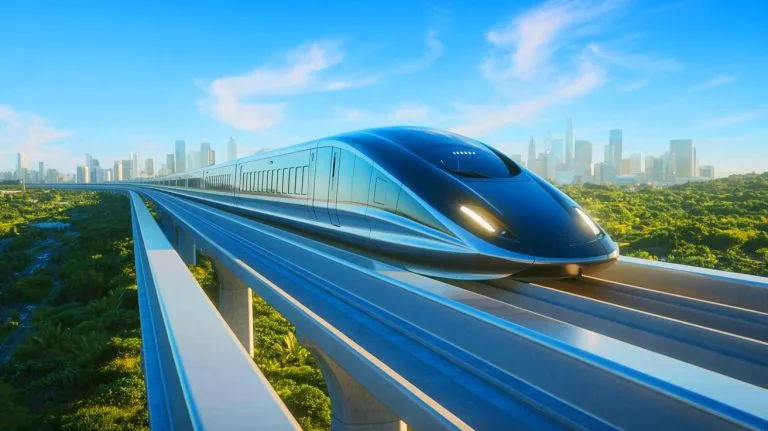 Illustration of a maglev train gliding above its tracks at high speed.