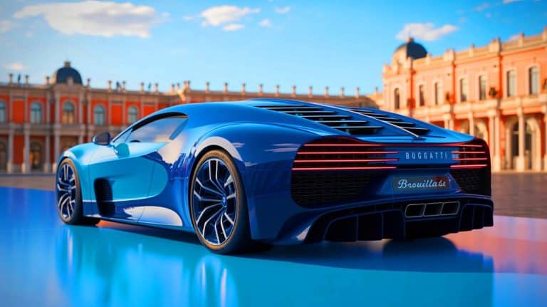 Illustration of the Bugatti Brouillard, a one-off supercar showcasing the iconic W16 engine, on its European tour.