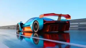 Illustration of the YangWang U9 Extreme electric hypercar achieving a record-breaking speed on a test track.