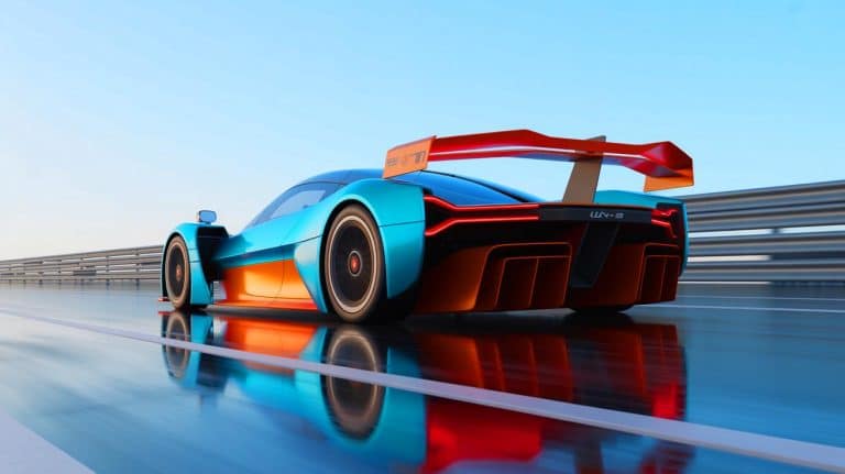 Illustration of the YangWang U9 Extreme electric hypercar achieving a record-breaking speed on a test track.