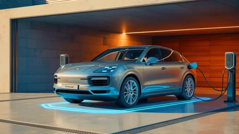Illustration of Porsche's upcoming wireless charging system for the electric Cayenne model.