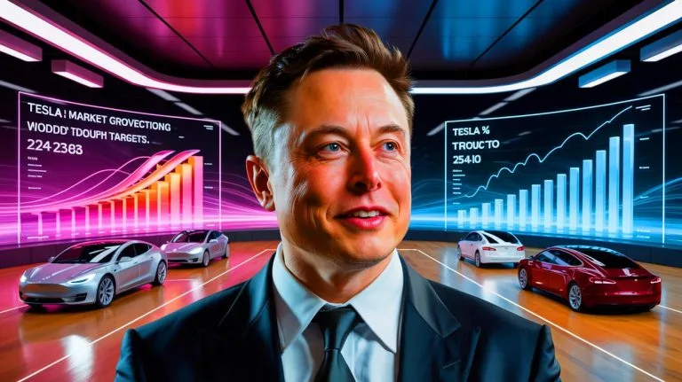 Illustration of Elon Musk and the proposed Tesla compensation plan for future growth targets.