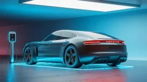 Illustration of Porsche's innovative inductive EV charging system prototype showcased at the IAA Mobility event.