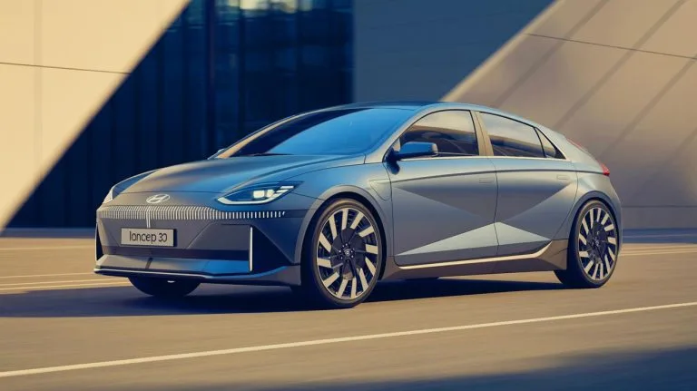 Illustration of Hyundai's Ioniq Concept 3 electric hatchback with origami-inspired design features.