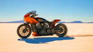 Illustration of Indian Motorcycle's race-spec Challenger breaking a land speed record at Bonneville Salt Flats.