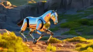 Illustration of Kawasaki's Corleo, a hydrogen-powered robotic horse designed for personal mobility.