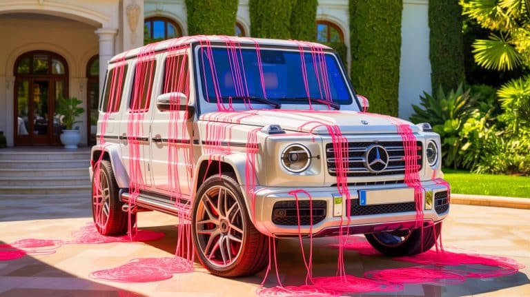 Illustration of Khloe Kardashian's prank on Kylie Jenner's Mercedes G-Wagen with toilet paper and silly string.