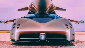 Illustration of the Lamborghini Pregunta concept car inspired by the Dassault Rafale fighter jet.