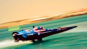 Illustration of Team Aoki's RaceBird skimming on its hydrofoils during free practice in Doha.