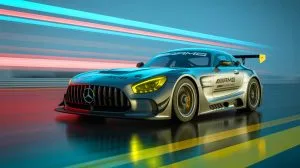 Illustration of the Mercedes-AMG GT XX setting electric vehicle world records on a high-speed track.