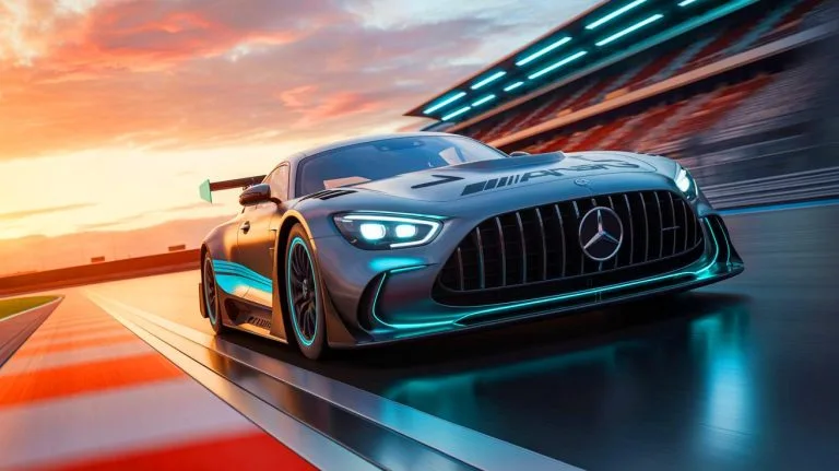Illustration of the Mercedes-AMG GT XX electric vehicle breaking distance records at high speeds.