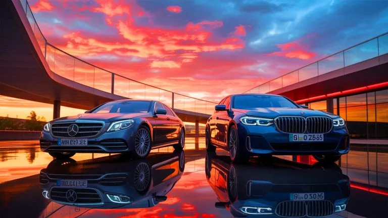 Illustration of Mercedes-Benz and BMW vehicles symbolizing a potential collaboration in engine production.