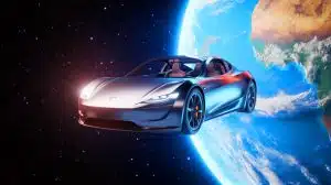 Illustration of Elon Musk's Tesla Roadster orbiting through space as a misclassified near-Earth object.