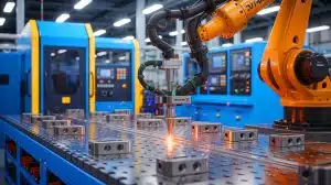 Illustration of a robotic arm utilizing self-fixturing friction stir welding technology in an advanced manufacturing setting.