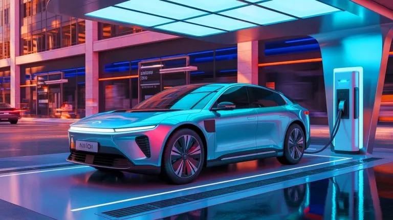 Illustration of NIO's Innovative Battery Swapping Station and Electric Vehicle.