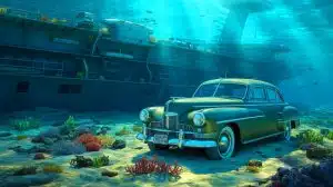 Illustration of a vintage car discovered on the sunken USS Yorktown from World War II.
