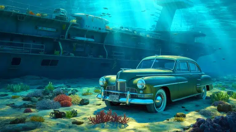 Illustration of a vintage car discovered on the sunken USS Yorktown from World War II.