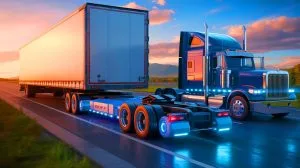 Illustration of an innovative electric dolly system for semi-trucks designed to reduce emissions and enhance drivability.