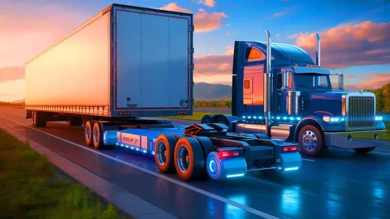 Illustration of an innovative electric dolly system for semi-trucks designed to reduce emissions and enhance drivability.