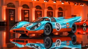 Illustration of the legendary Porsche 917K driven by Steve McQueen in the film "Le Mans" at a high-profile auction.