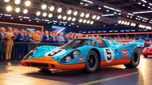 Illustration of the Porsche 917K driven by Steve McQueen in the film "Le Mans" at a high-stakes auction.