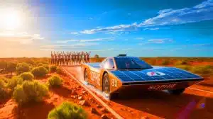 Illustration of the student-built Sophie 8X solar-powered electric vehicle crossing the finish line at the Bridgestone World Solar Challenge.