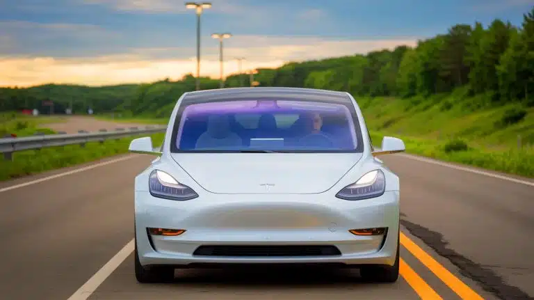 Illustration of Tesla vehicles on a highway, highlighting the interplay between advanced technology and driver behavior.