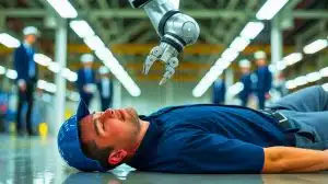 Illustration of a robotics technician at Tesla's Fremont plant, emphasizing workplace safety concerns.