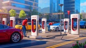 Illustration of Tesla's Supercharger stations being installed at a business location to diversify revenue streams.