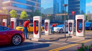 Illustration of Tesla's Supercharger stations being installed at a business location to diversify revenue streams.