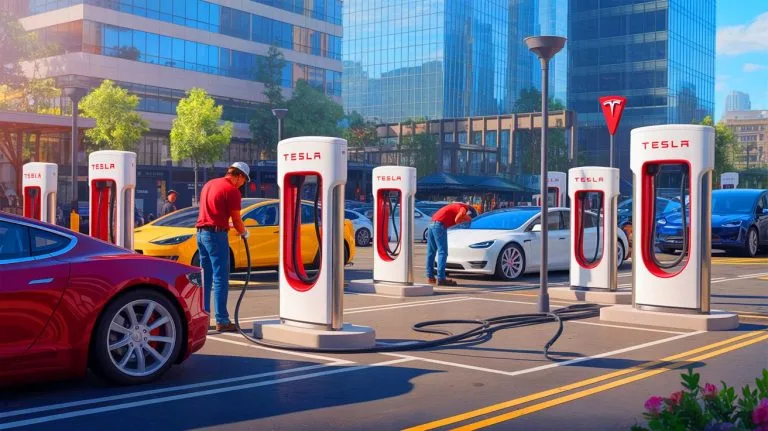 Illustration of Tesla's Supercharger stations being installed at a business location to diversify revenue streams.
