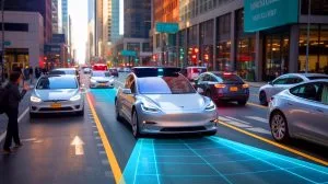 Illustration of a Tesla vehicle equipped with Full Self-Driving technology navigating a city street.