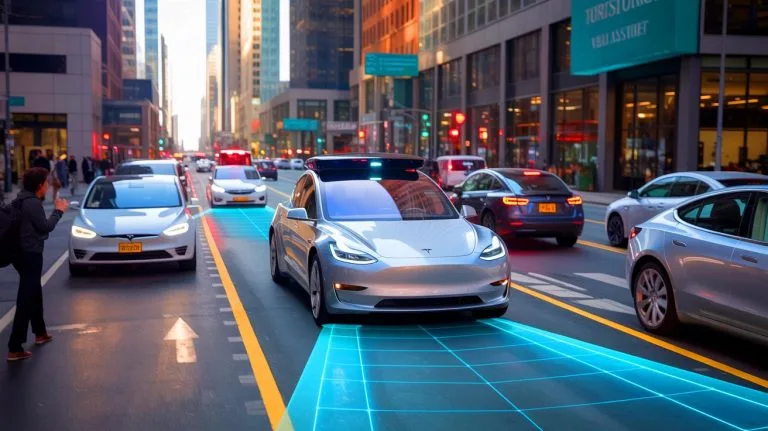 Illustration of a Tesla vehicle equipped with Full Self-Driving technology navigating a city street.