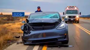 Illustration of a Tesla Model Y involved in a self-driving incident on the highway.