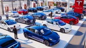 Illustration of Tesla vehicles experiencing a temporary boost in deliveries amid competitive global challenges.