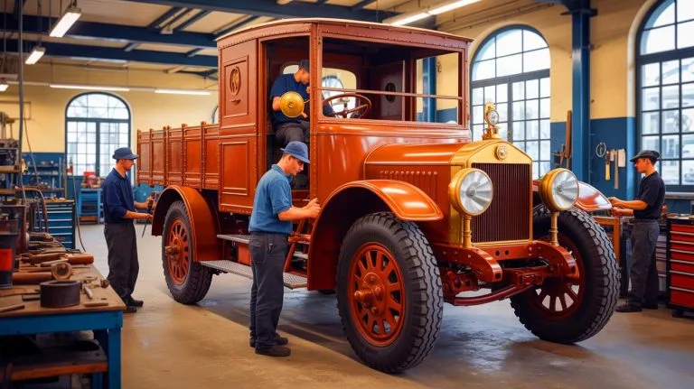 Illustration of the replica restoration of the world's first petrol truck by Daimler apprentices in Germany.
