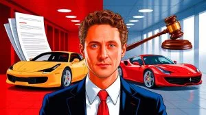 Illustration of John Elkann navigating legal challenges related to his family's inheritance while leading Stellantis and Ferrari.