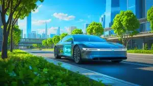 Illustration of a hydrogen-powered vehicle driving through a cityscape, symbolizing the future of sustainable transportation.