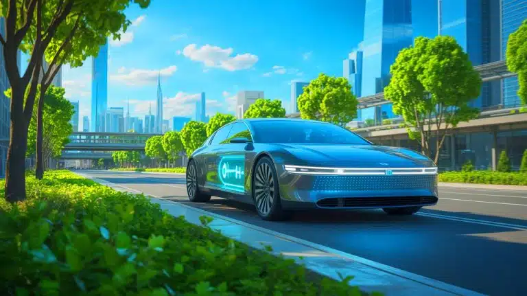 Illustration of a hydrogen-powered vehicle driving through a cityscape, symbolizing the future of sustainable transportation.