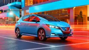 Illustration of the third-generation Nissan Leaf electric vehicle showcasing its enhanced features and range capabilities.