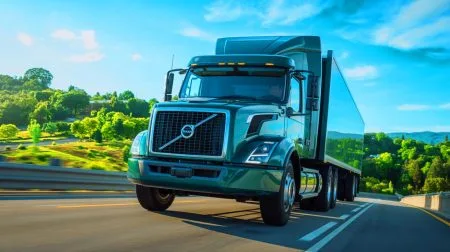 Illustration of Volvo's innovative stop/start engine technology for heavy-duty trucks enhancing fuel efficiency and sustainability.