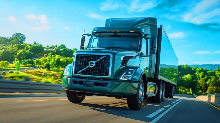 Illustration of Volvo's innovative stop/start engine technology for heavy-duty trucks enhancing fuel efficiency and sustainability.