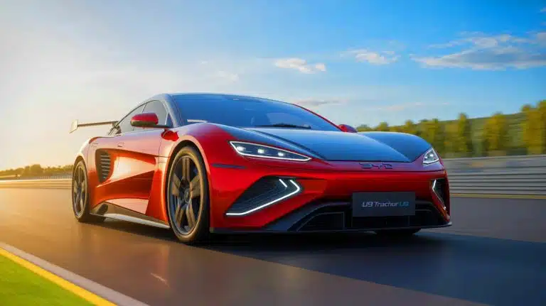 Illustration of the BYD Yangwang U9 Track Edition electric supercar highlighting its advanced design and performance capabilities.